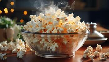 AI generated Fresh popcorn in a wooden bowl, perfect movie snack generated by AI photo