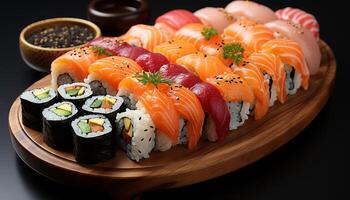 AI generated Freshness on plate sushi, sashimi, maki healthy eating delight generated by AI photo