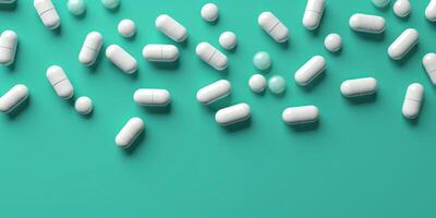 AI Generated White Pills On Green Background, Healthcare and Medicine Concept. Pharmacy, and Diagnosis. Top View Of Capsules with Copy Space photo