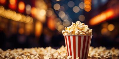 AI Generated Popcorn in Red and White Striped Cardboard Bucket on Blur Background. Front View. Generative AI photo