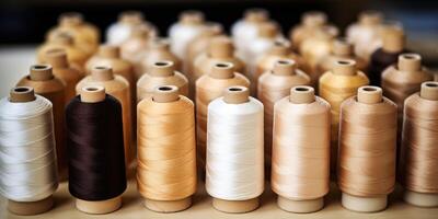 AI Generated Thread Spools in White, Brown, and Cream Color. Reel Yarn, Textile Industry. Generative AI photo