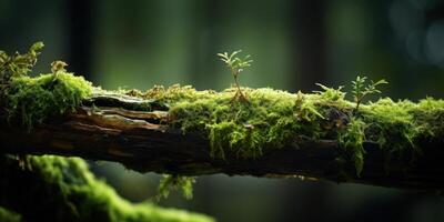 ai generado verde brote en cubierto de musgo Iniciar sesión en bosque. nuevo crecimiento en un caído árbol. generativo ai foto