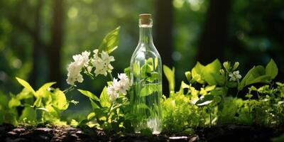 ai generado transparente vaso botella en bosque con blanco flores y luz de sol. generativo ai foto