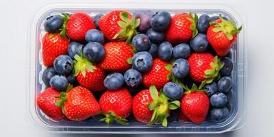 ai generado sano nutrición, Fresco crudo bayas en el plastico envase. mezclado arándanos y fresas generativo ai foto