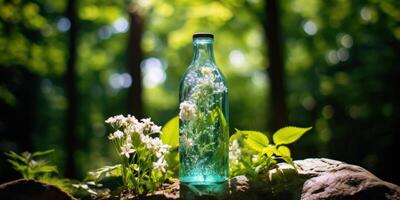 AI Generated Glass Bottle With White Flowers In A Lush Forest. Save Nature Concept. Generative AI photo