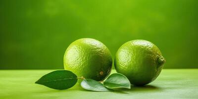 AI Generated Two Whole Limes with Fresh Leaves on Green Background. Generative AI photo