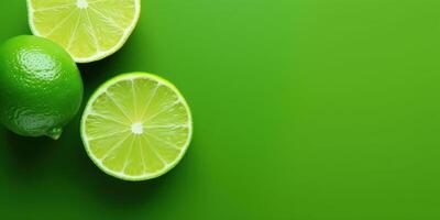 AI Generated Whole and Sliced Limes on Green Background with Copy Space. Generative AI photo