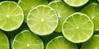 AI Generated Pattern of Fresh Lime Slices, Closeup with Juicy Texture. Citrus Fruits Background. Lemon Pieces. Generative AI photo