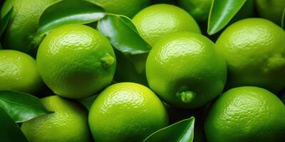 AI Generated Pile of Fresh Limes with Green Leaves Closeup. Generative AI photo