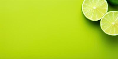 AI Generated Sliced Limes on Lime Green Background with Copy Space. Generative AI photo