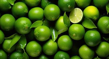 AI Generated Green Limes Background. Fresh Citrus Tropical Fruit Pile. Healthy Vitamin Food. Generative AI photo