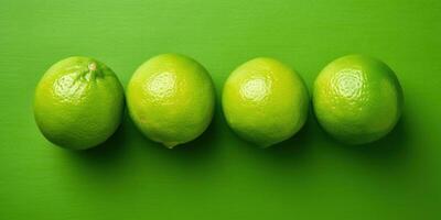 AI Generated Top View of Fresh Limes on Green Minimalist Background. Juicy Citrous Refreshment. Citrus Natural Fruit. Generative AI photo