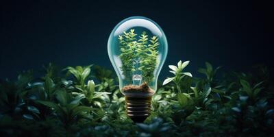 AI Generated Light Bulb Plants Inside And Green Foliage Eco Concept. Sustainable Energy. Generative AI photo