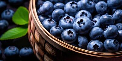 ai generado orgánico salvaje bayas antecedentes en bol. orgánico antioxidante de cerca de Fresco arándano en de madera lámina. generativo ai foto