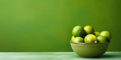 AI Generated Bowl of Fresh Limes on Table with Green Background with Copy Space. Generative AI photo