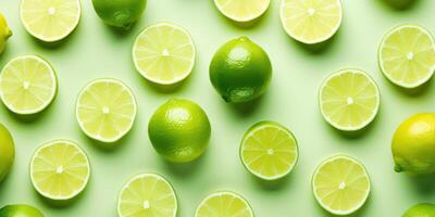 AI Generated Scattered Whole and Sliced Limes on a Light Green Background. Top View of Citrus Fruits. Generative AI photo