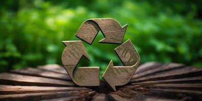 AI Generated Wooden Recycle Symbol on a Stump with Greenery Background. Waste Management. Generative AI photo