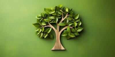 AI Generated Wooden Tree Sculpture With Green Leaves on Green Background. Eco-Friendly Concept. Generative AI photo