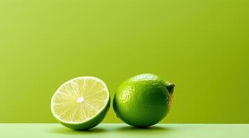 AI Generated Whole and Halved Lime on a Green Background. Citrus Fruit Composition. Generative AI photo