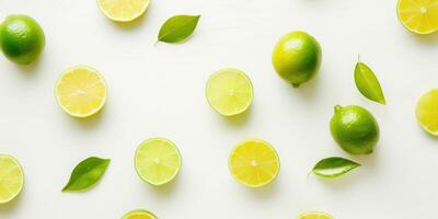 AI Generated Assorted Fresh Halved and Whole Limes and Leaves on White Background. Generative AI photo