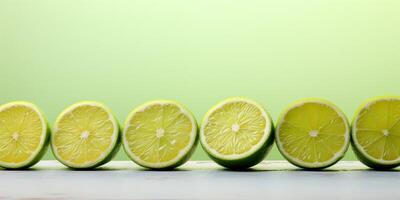 AI Generated Lime Slices Lined Up on Table, Green Background. Fresh Halved Lemon. Generative AI photo