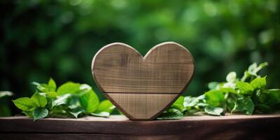 AI Generated Wooden Heart Sculpture on Stump with Lush Green Leaves. Save Nature Concept. Generative AI photo