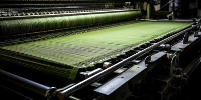 ai generado textil industria. industrial maquinaria Costura verde tela en un fábrica. generativo ai foto