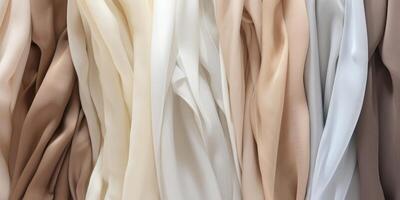 AI Generated Satin Fabric in Varied Neutral Shades. Beige Silk Textile. Curtain Background. Generative AI photo