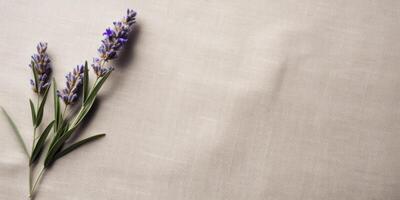 AI Generated Lavender Blossoms on a Linen Tablecloth. Natural Fabric Background. Generative AI photo