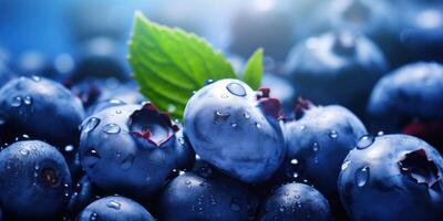 AI Generated Ripe Blueberries Heap. Closeup of Berry with Water Droplets and a Green Leaf. Generative AI photo