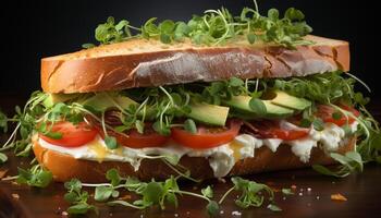 ai generado frescura en plato A la parrilla ciabatta, ensalada, y tostado un pan generado por ai foto