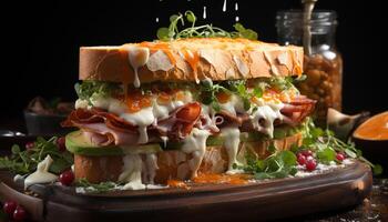 ai generado frescura y gastrónomo carne en un A la parrilla sándwich, un delicioso almuerzo generado por ai foto