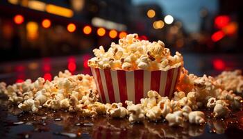 AI generated Gourmet snacks illuminate movie theater, refreshing audience during film generated by AI photo