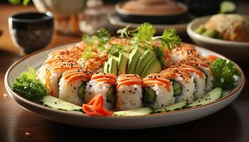 ai generado Fresco Mariscos comida Sushi, sashimi, ensalada, arroz, palta, jengibre generado por ai foto