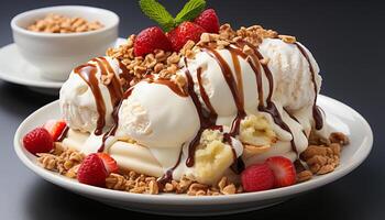 ai generado frescura y indulgencia en un plato fresa hielo crema helado con frutas y nueces generado por ai foto