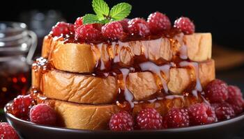 AI generated Fresh raspberry dessert on wood plate, homemade sweet indulgence generated by AI photo