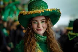 ai generado un pequeño joven mujer en el Santo patrick's día traje, celebrando el carnaval en honor de nacional irlandesa día festivo, Irlanda festival en borroso antecedentes. S t. patrick's día concepto. foto