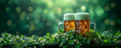 AI generated The Saint Patrick's day beer, ale glasses with shamrocks in fairy tail forest. St. Patrick's Day banner background concept with copy space. photo