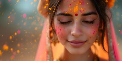 ai generado joven y contento hindú indio mujer en nacional indio sari ropa celebrar holi festival dahan. brillante vistoso polvo pintar fondo, concepto con Copiar espacio. foto