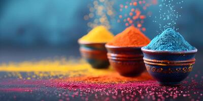 AI generated Colorful holi powder colors in a bowls with splash. Happy holi indian festival dahan banner concept with copy space. photo