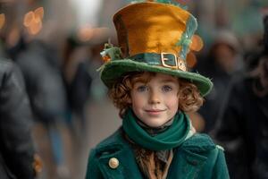 ai generado un pequeño chico vistiendo un el Santo patrick's día traje, celebrando el carnaval en honor de el nacional irlandesa día festivo, Irlanda festival en borroso antecedentes. S t. patrick's día concepto. foto