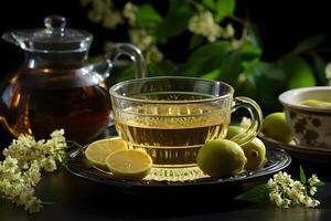 AI generated Cup of aromatic herbal tea with fresh flowers and lemon slices on the table. Organic and natural, hot healthy beverage. photo