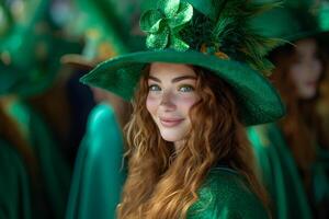 AI generated A young woman in The Saint Patrick's day costume, celebrating the carnival in honor of national Irish holiday, Ireland festival on blurred background. St. Patrick's Day concept. photo