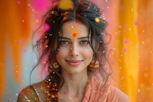 AI generated Young and happy hindu indian woman in national indian sari clothes celebrate holi festival dahan. Bright colorful powder paint background. photo