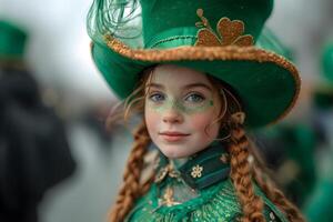 ai generado un pequeño niña vistiendo el Santo patrick's día traje, celebrando el carnaval en honor de el nacional irlandesa día festivo, Irlanda festival en borroso antecedentes. S t. patrick's día concepto. foto