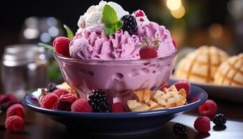 AI generated Fresh berry dessert on wooden table, a summer indulgence generated by AI photo