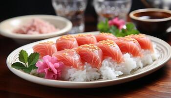 ai generado frescura en plato Sushi, sashimi, mariscos, japonés cultura, sano comiendo generado por ai foto