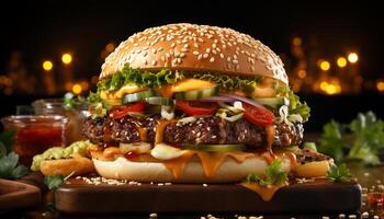 AI generated Grilled burger with cheese, tomato, and onion on sesame bun generated by AI photo