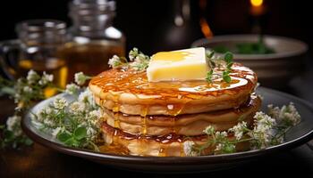 AI generated A stack of homemade pancakes with fresh berries and honey generated by AI photo