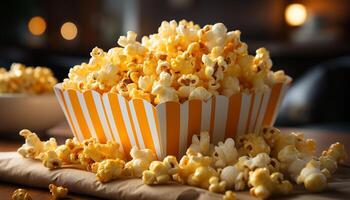 AI generated Fresh popcorn, sweet candy, and refreshing drink for movie night generated by AI photo